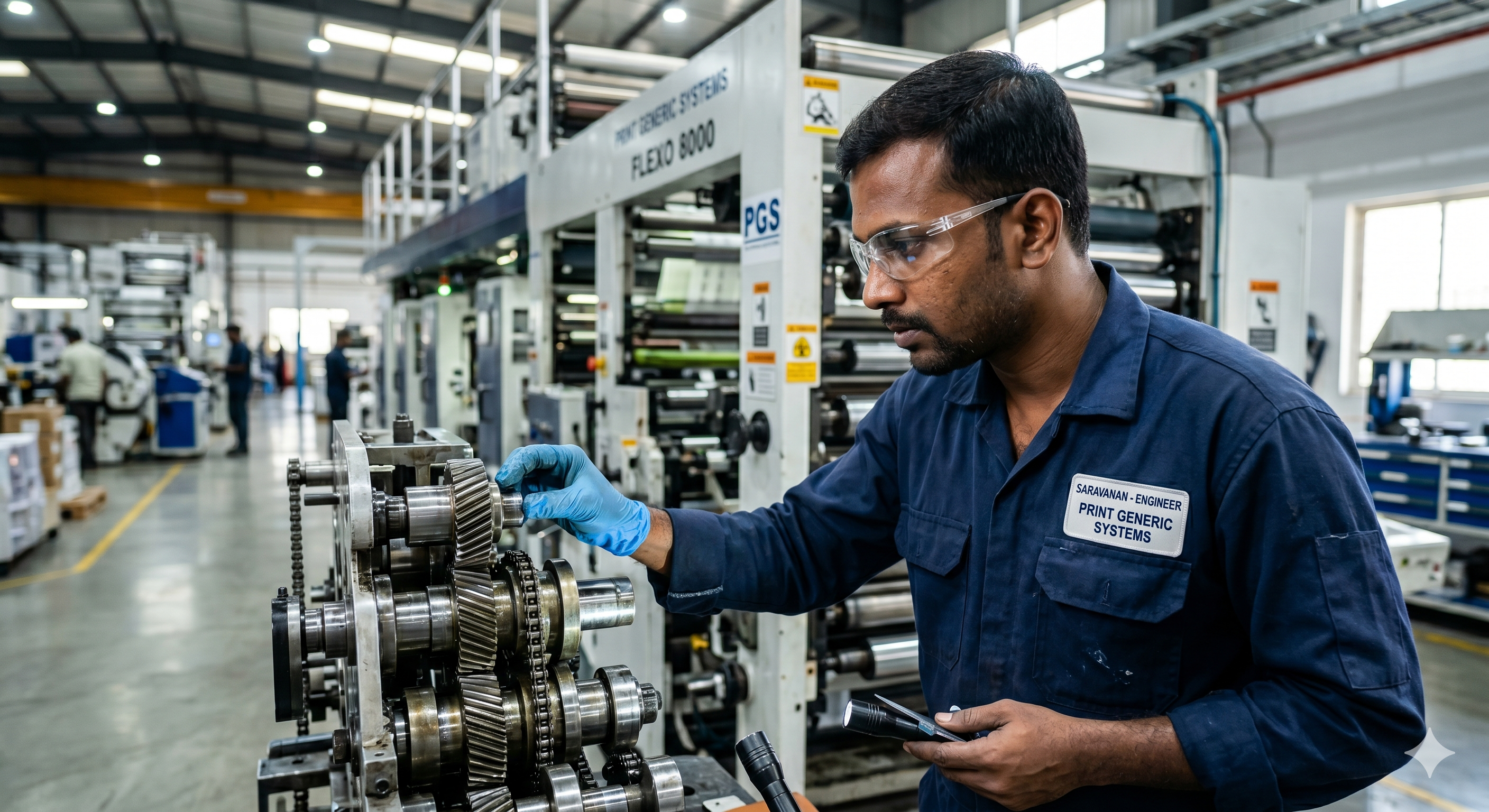 Indian Mechanical Engineer inspecting printing machinery